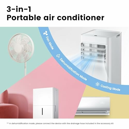 3-in-1 portable air conditioner with fan, dehumidification, and cooling modes.