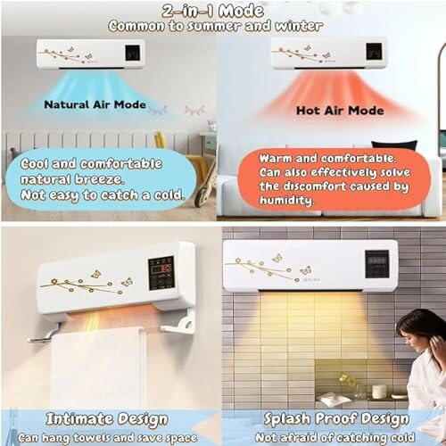 Air conditioner modes and design features: natural air mode, hot air mode, intimate design, splash proof design.