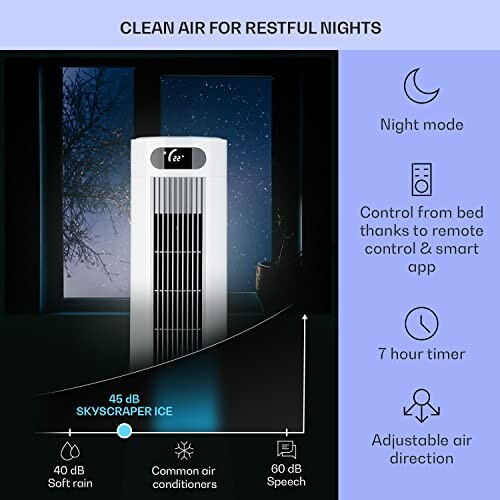 Air purifier with night mode, remote control, 7-hour timer, and adjustable air direction.