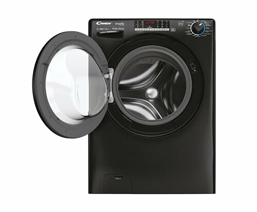 Black front-load washing machine with open door