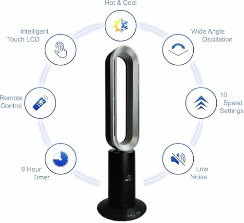 Bladeless fan with features: hot and cool, intelligent touch LCD, wide angle oscillation, remote control, 10 speed settings, low noise, 9-hour timer.