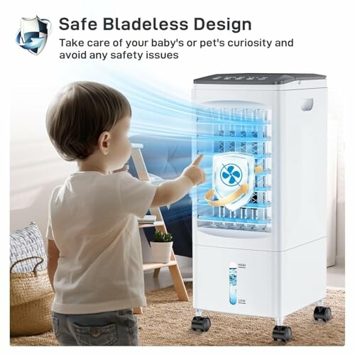 Child reaching towards a bladeless fan with safety features.