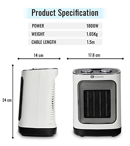 Ceramic heater with specifications including power, weight, and cable length.