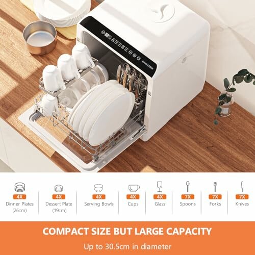 Compact dishwasher with large capacity holding various dishes and utensils.