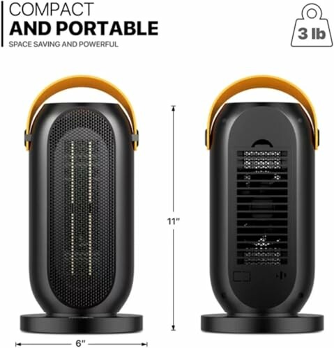 Compact and portable black heater with yellow handle.