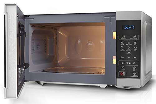 Open digital microwave oven with control panel