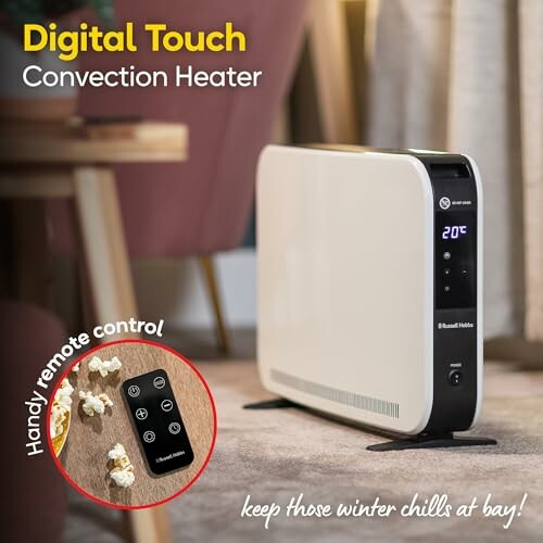 Digital touch convection heater with remote control on display.