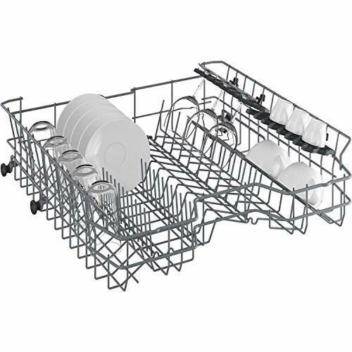 Empty dishwasher rack with plates, glasses, and cups