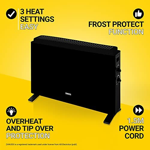 Black electric heater with three heat settings and safety features