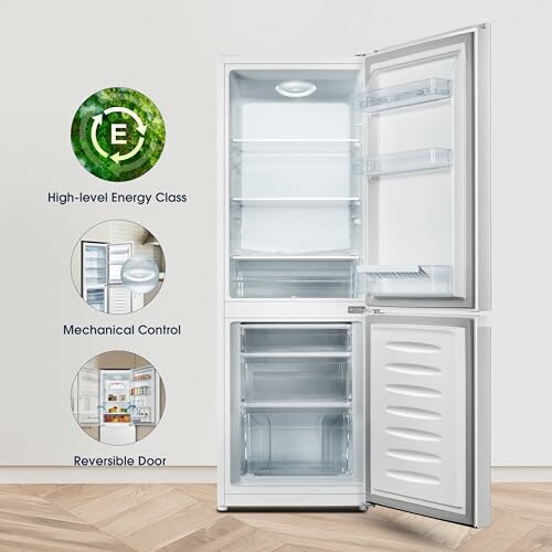 Open refrigerator showing shelves and features like high energy class, mechanical control, and reversible door.