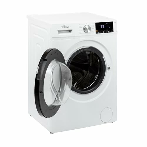 White front-load washing machine with open door