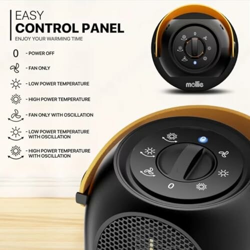 Heater control panel with various settings and options.