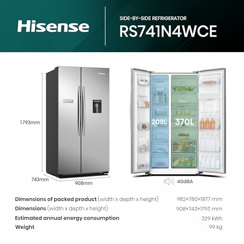 Hisense side-by-side refrigerator model RS741N4WCE with dimensions and energy consumption details.