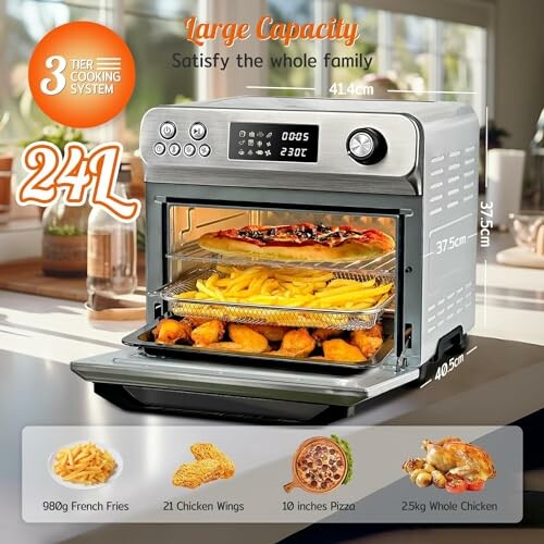 Large capacity air fryer oven with pizza and chicken wings inside.