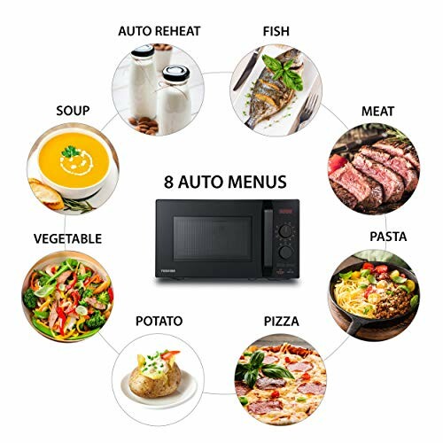 Microwave with 8 auto menus including soup, vegetable, potato, pizza, pasta, meat, fish, and auto reheat.