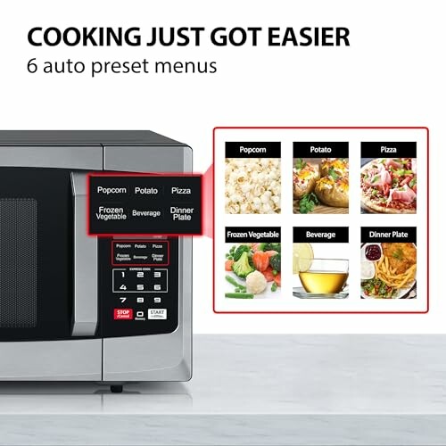 Microwave with 6 auto preset menus: Popcorn, Potato, Pizza, Frozen Vegetable, Beverage, Dinner Plate.