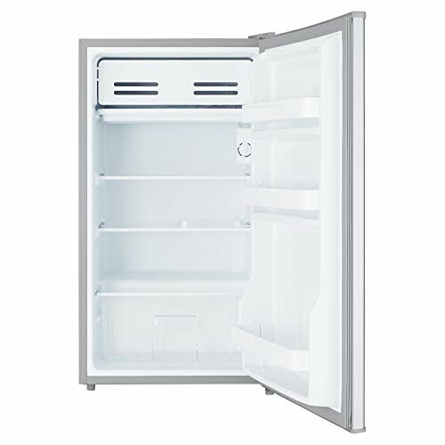 Open mini fridge with empty shelves.