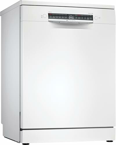 A modern white dishwasher with digital controls