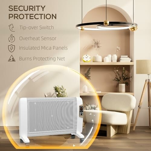 Modern heater with security features like tip-over switch and overhead sensor in a stylish living room.