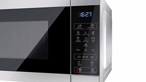 Modern microwave oven with digital display and control panel.