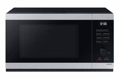 Modern microwave oven with digital display and control panel.