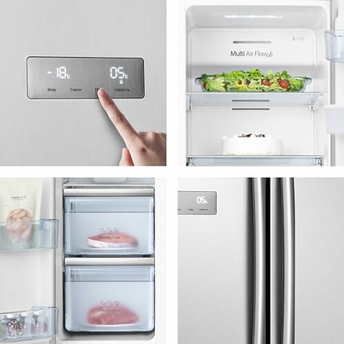 Collage of a modern refrigerator with digital display, finger pressing button, open fridge with food, and closed door with handles.