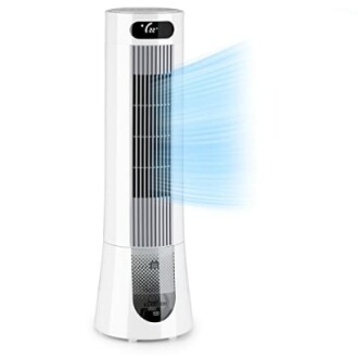 White tower fan with digital display and air flow