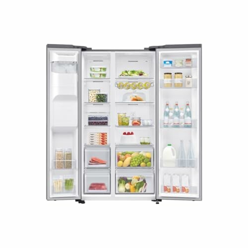 Open refrigerator filled with various food items and beverages