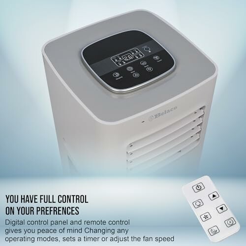 Portable air conditioner with digital control panel and remote.