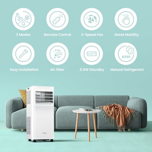 Portable air conditioner with features: 3 modes, remote control, 3-speed fan, mobility, easy installation, air filter, 0.5W standby, R290 refrigerant.