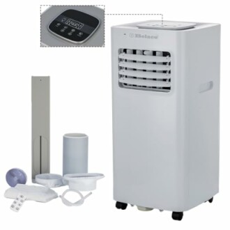 Portable air conditioner with remote control and accessories.