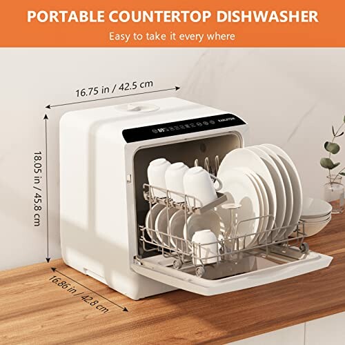 Portable countertop dishwasher with open door showing dishes inside, dimensions labeled.