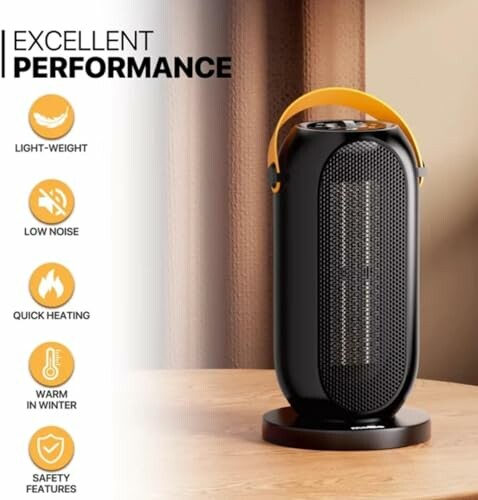 Portable electric heater with performance features listed.