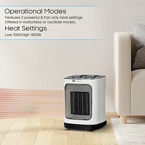 Portable space heater with operational modes and heat settings description.