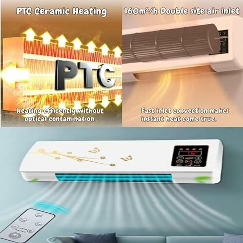 Wall heater with PTC ceramic heating and remote control.