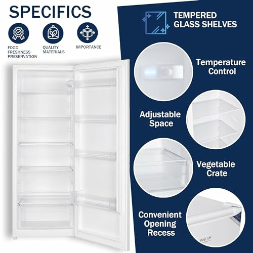 Refrigerator open with tempered glass shelves, temperature control, adjustable space, vegetable crate, and convenient opening recess.