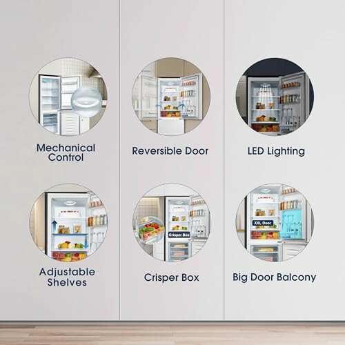 Refrigerator features: mechanical control, reversible door, LED lighting, adjustable shelves, crisper box, big door balcony.