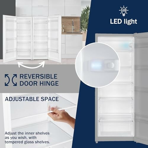 Refrigerator with reversible door hinge and adjustable shelves, highlighting LED light.