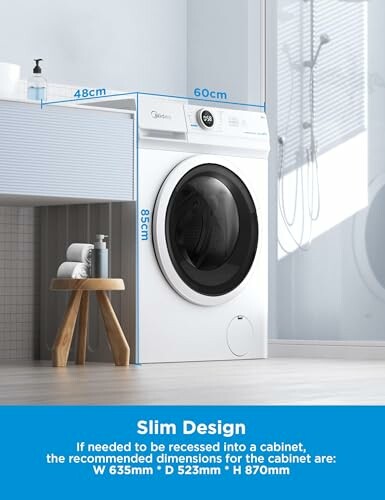 Slim design washing machine with dimensions displayed.