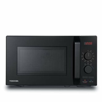 Black Toshiba microwave oven with control dials and digital display