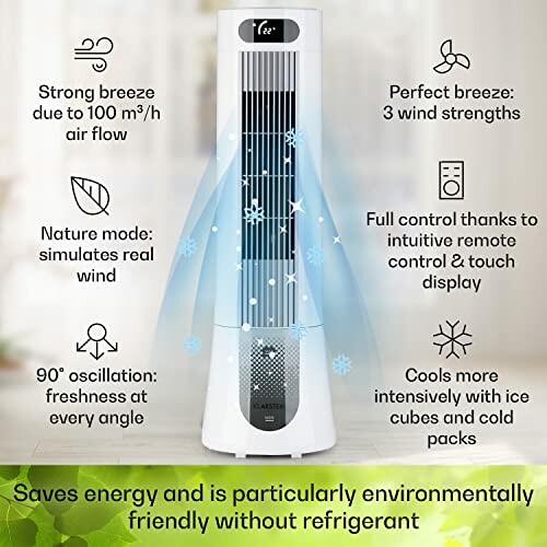 Tower fan with strong breeze, nature mode, 90 degree oscillation, 3 wind strengths, remote control, and eco-friendly design.