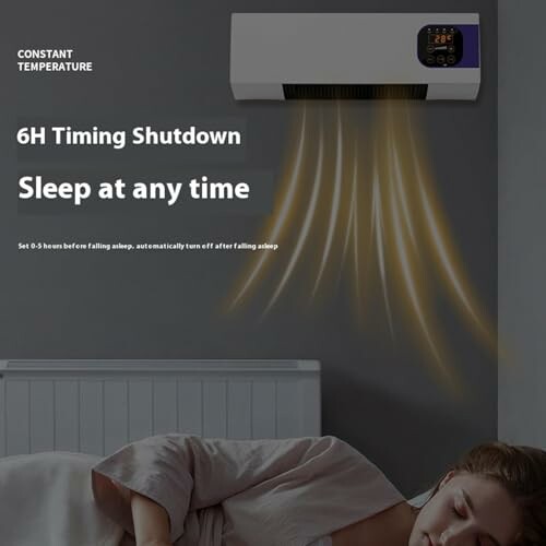 Wall-mounted heater with 6-hour timing shutdown feature, woman sleeping below.