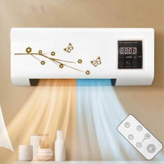 Wall-mounted heater with decorative design and remote control.