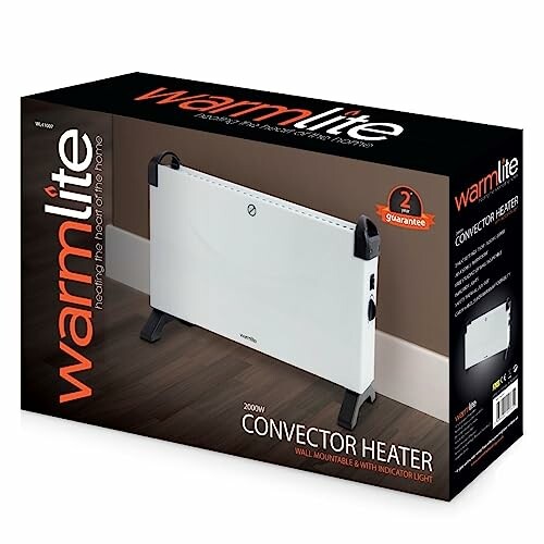 Warmlite convector heater packaging with wall mountable feature.