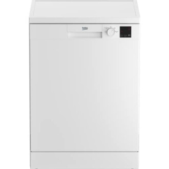 Front view of a white dishwasher with control panel and handle.